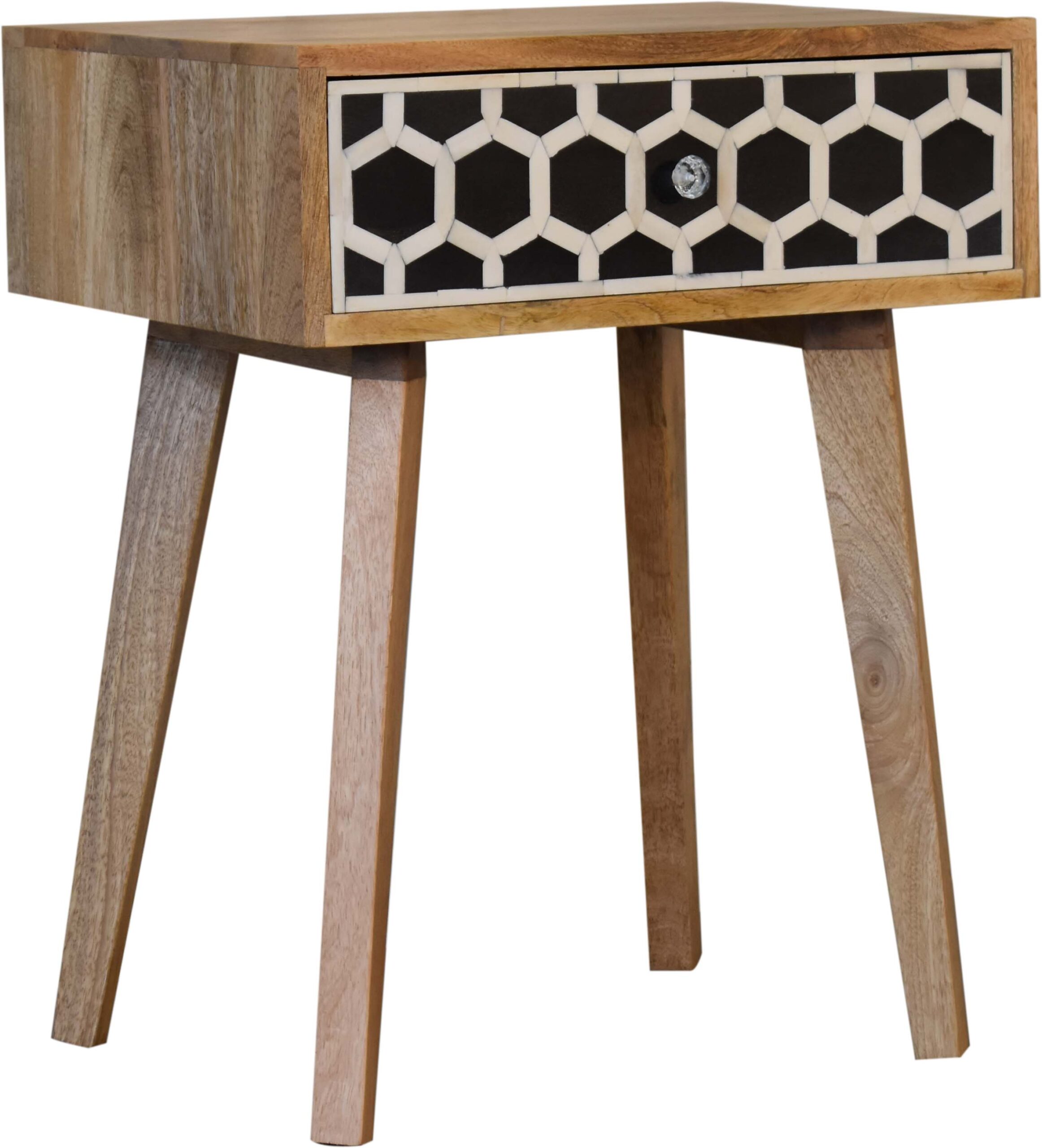 Solid Mango Wood Oak Finished Bone Inlay Tapered Bedside