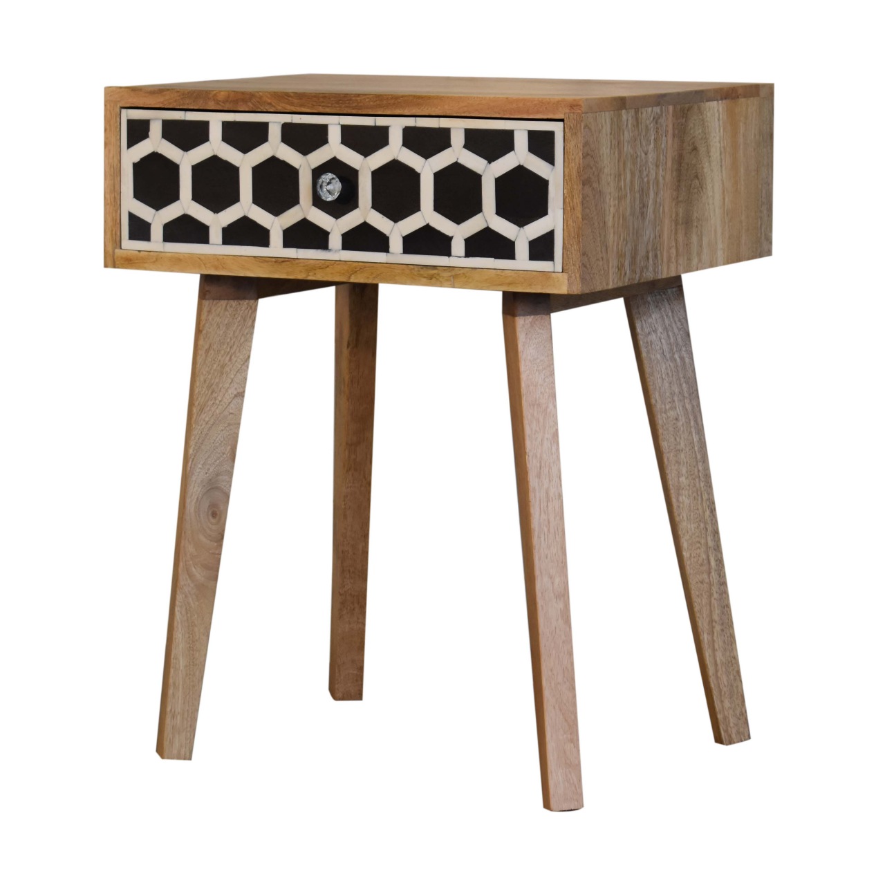 Solid Mango Wood Oak Finished Bone Inlay Tapered Bedside - Image 4