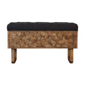 Solid Mango Wood Oak Finished  'U' Shaped Legs Black Tweed Upholstered Diamond Bench