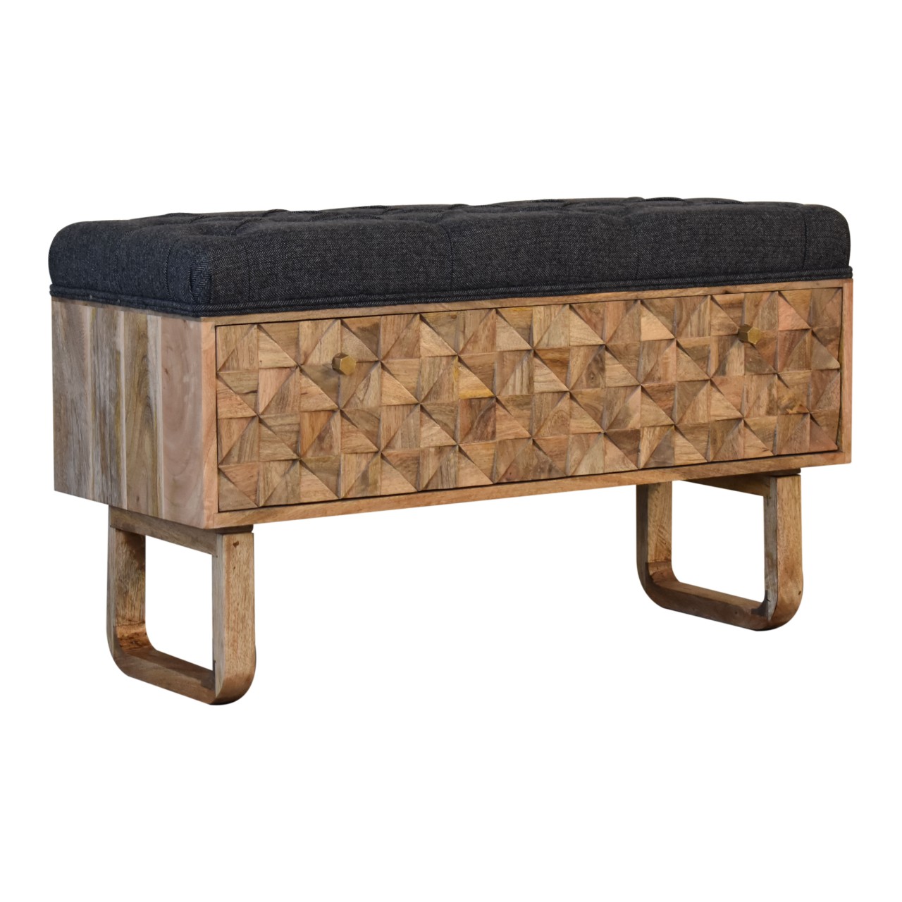 Solid Mango Wood Oak Finished 'U' Shaped Legs Black Tweed Upholstered Diamond Bench - Image 2