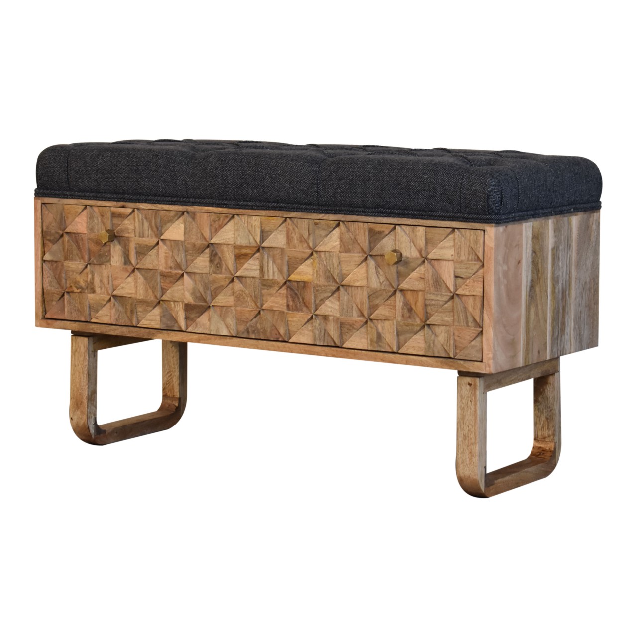 Solid Mango Wood Oak Finished 'U' Shaped Legs Black Tweed Upholstered Diamond Bench - Image 3