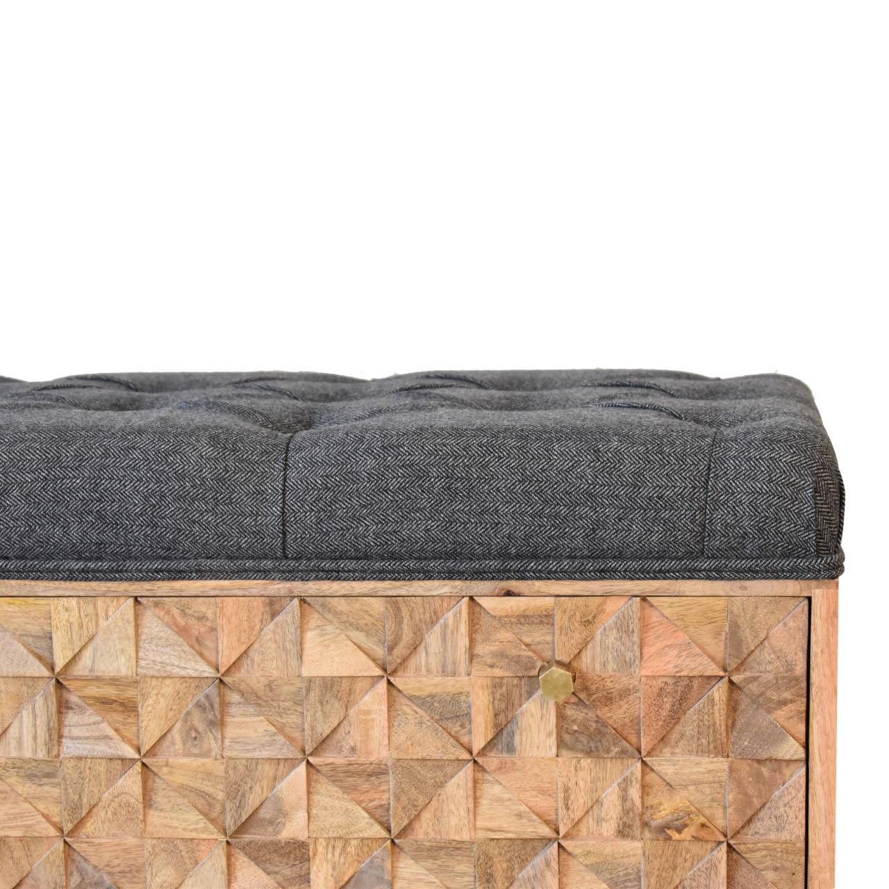 Solid Mango Wood Oak Finished 'U' Shaped Legs Black Tweed Upholstered Diamond Bench - Image 4