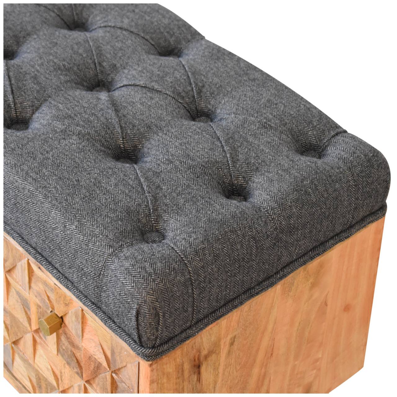 Solid Mango Wood Oak Finished 'U' Shaped Legs Black Tweed Upholstered Diamond Bench - Image 5