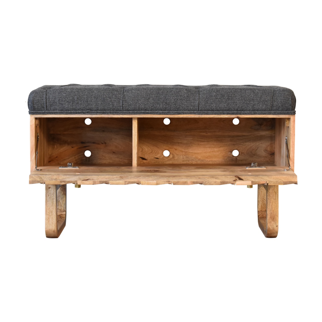 Solid Mango Wood Oak Finished 'U' Shaped Legs Black Tweed Upholstered Diamond Bench - Image 6