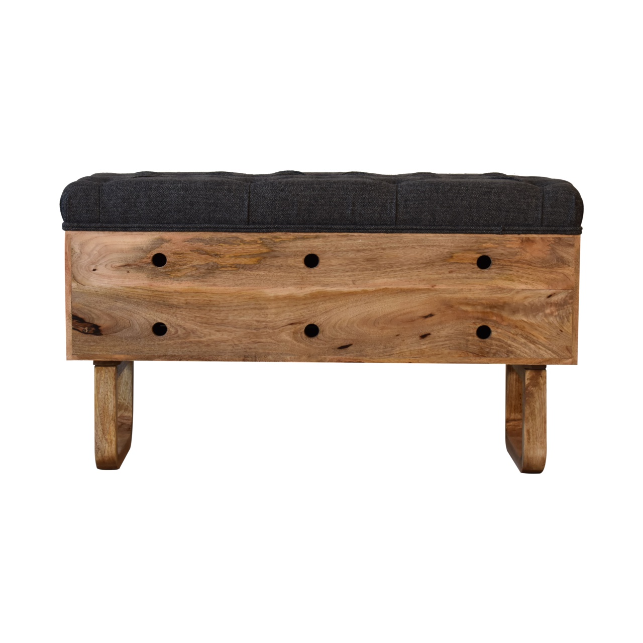 Solid Mango Wood Oak Finished 'U' Shaped Legs Black Tweed Upholstered Diamond Bench - Image 9