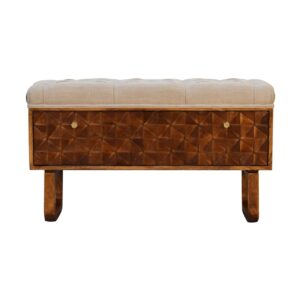 Solid Mango Wood Chestnut Finished Linen Upholstered 'U' Shaped Legs Diamond Bench
