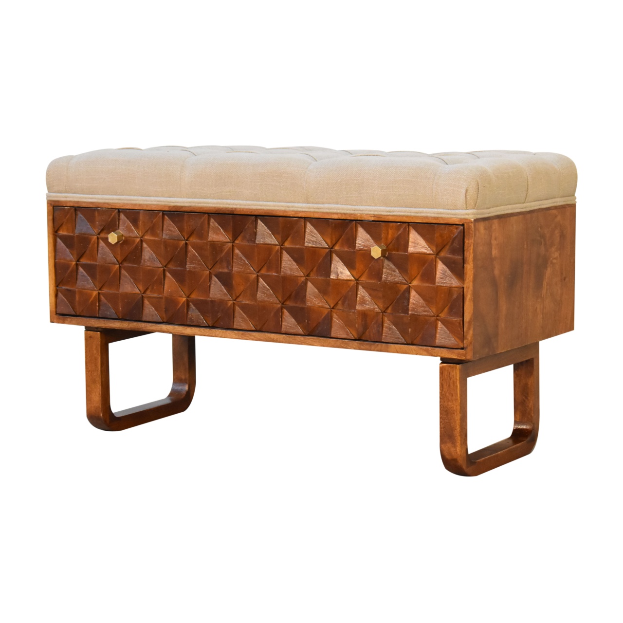 Solid Mango Wood Chestnut Finished Linen Upholstered 'U' Shaped Legs Diamond Bench - Image 2