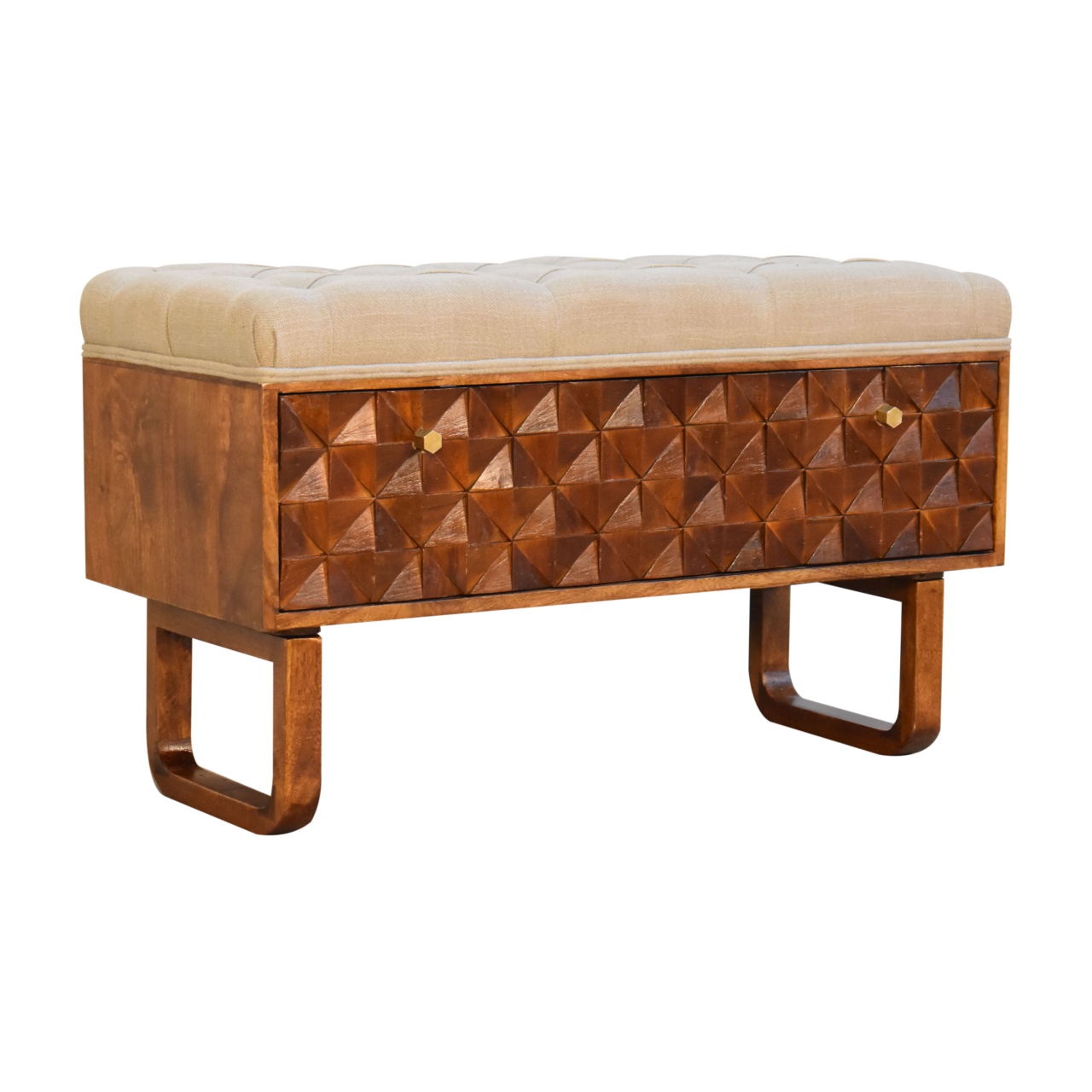 Solid Mango Wood Chestnut Finished Linen Upholstered 'U' Shaped Legs Diamond Bench - Image 3