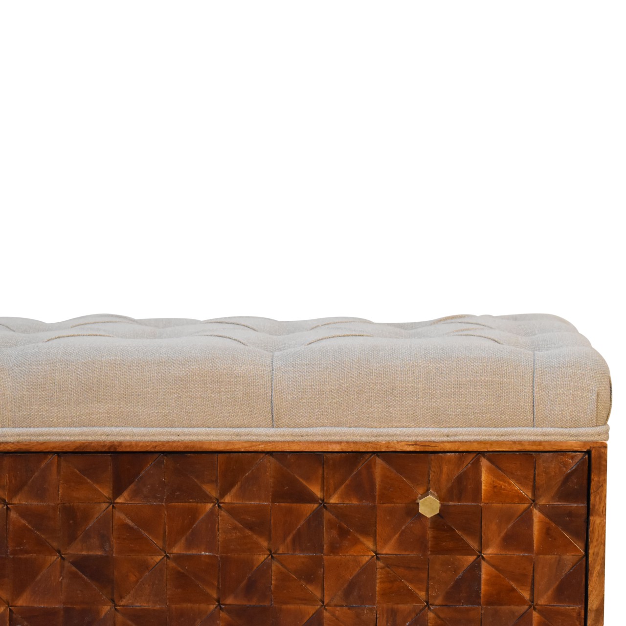 Solid Mango Wood Chestnut Finished Linen Upholstered 'U' Shaped Legs Diamond Bench - Image 4