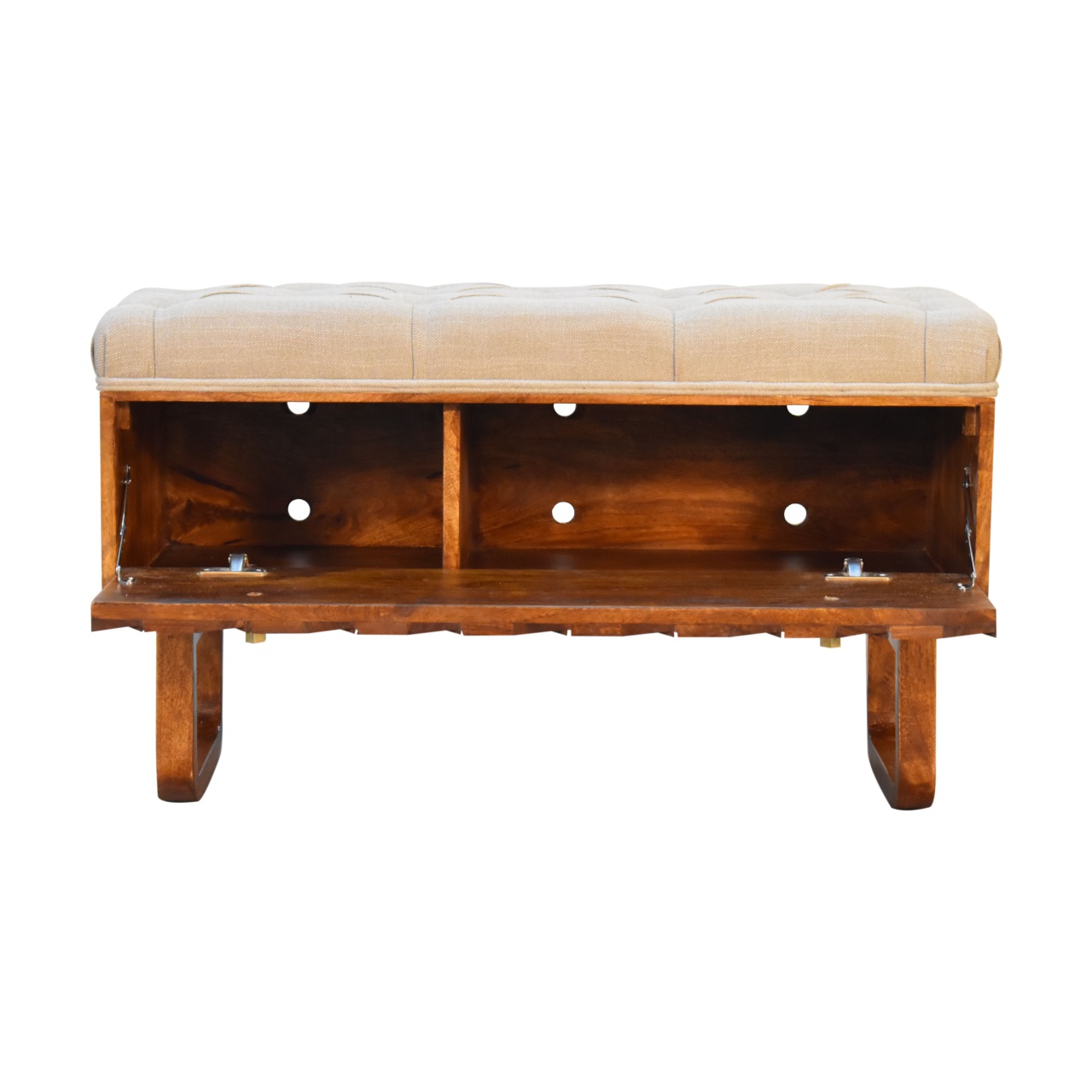 Solid Mango Wood Chestnut Finished Linen Upholstered 'U' Shaped Legs Diamond Bench - Image 5