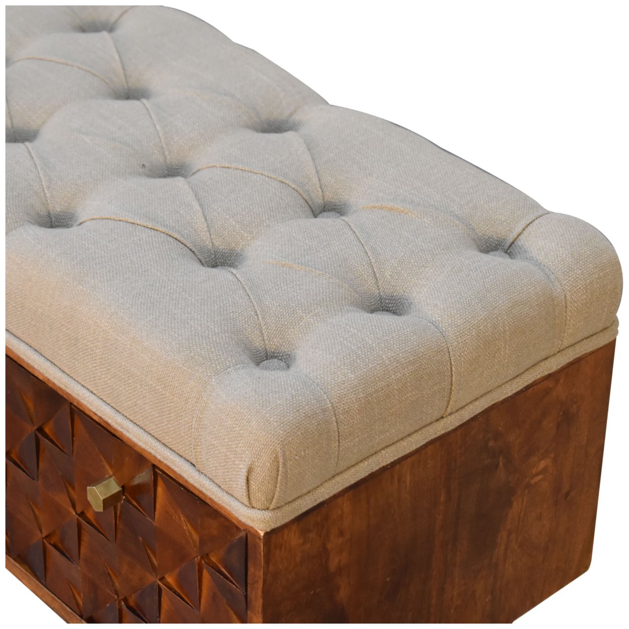 Solid Mango Wood Chestnut Finished Linen Upholstered 'U' Shaped Legs Diamond Bench - Image 6