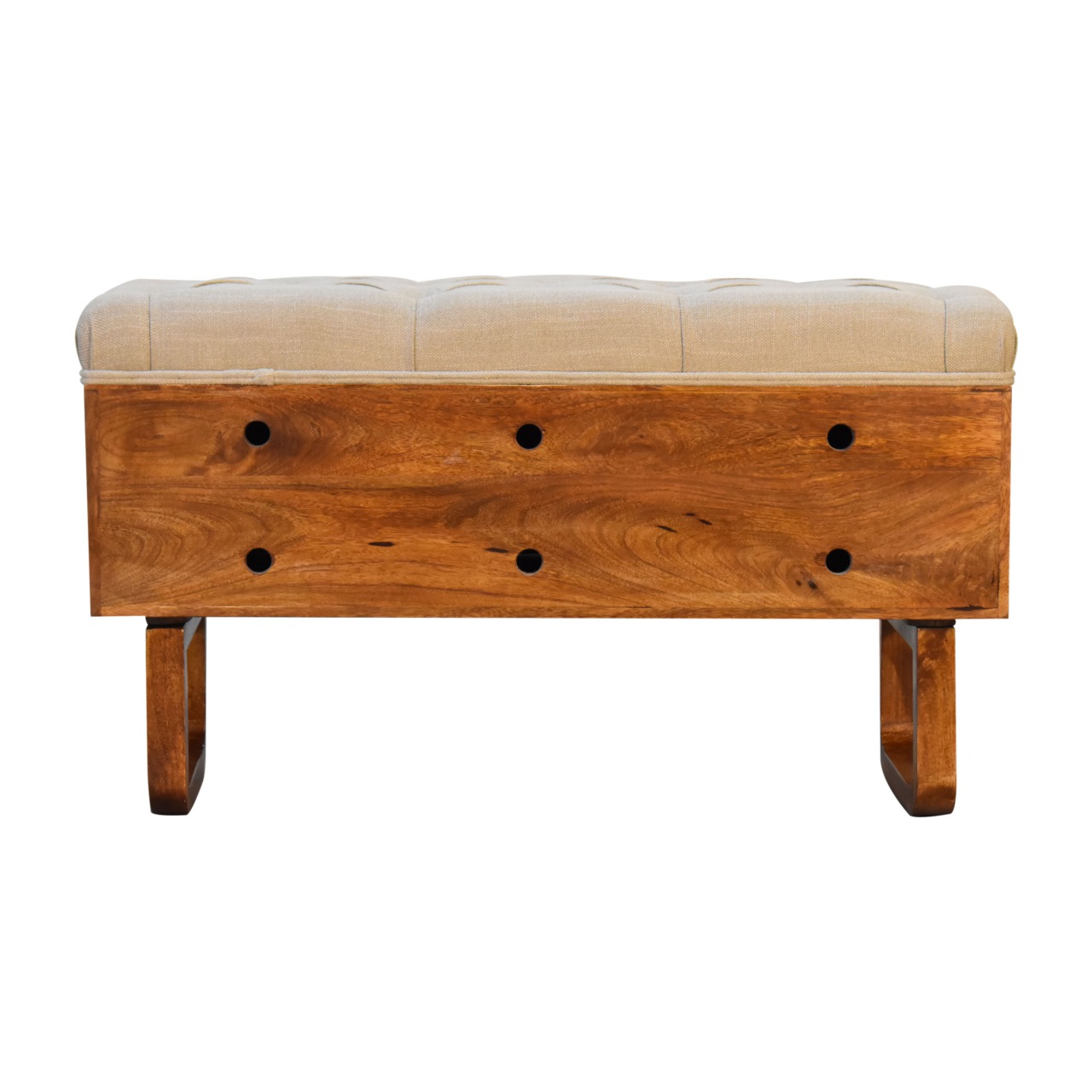 Solid Mango Wood Chestnut Finished Linen Upholstered 'U' Shaped Legs Diamond Bench - Image 9