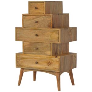 Solid Mango Wood Oak Finished 5 Drawer Tower Chest Cabinet - Image 3