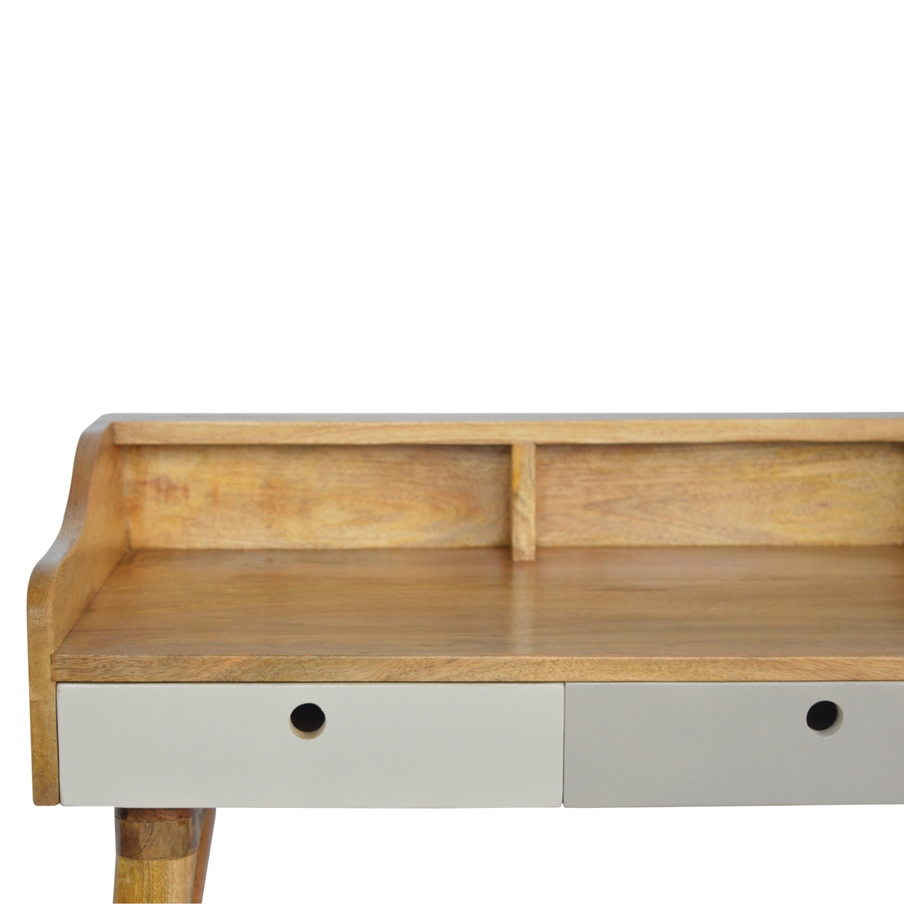 Solid Mango Wood Oak Finished Hand Painted Grey 3 Drawer Gallery Writing Desk - Image 5