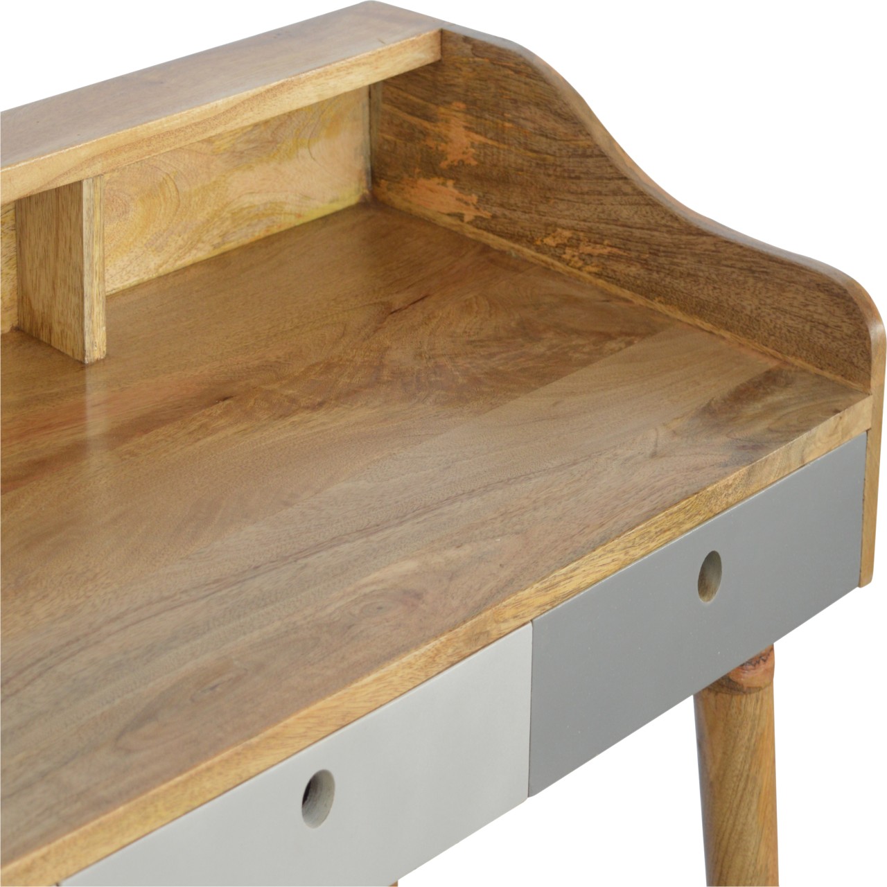 Solid Mango Wood Oak Finished Hand Painted Grey 3 Drawer Gallery Writing Desk - Image 6