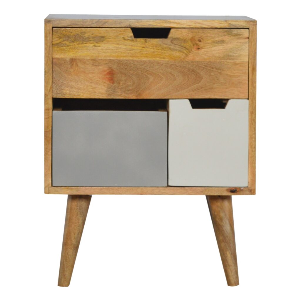 Solid Mango Wood Oak Finished and Hand Painted 3 Drawer Grey and White Bedside