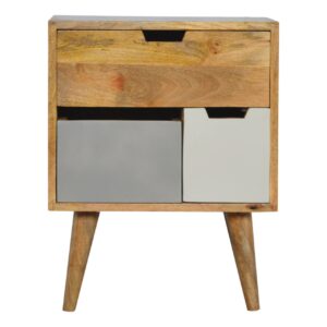 Solid Mango Wood Oak Finished & Hand Painted 3 Drawer Grey and White Bedside
