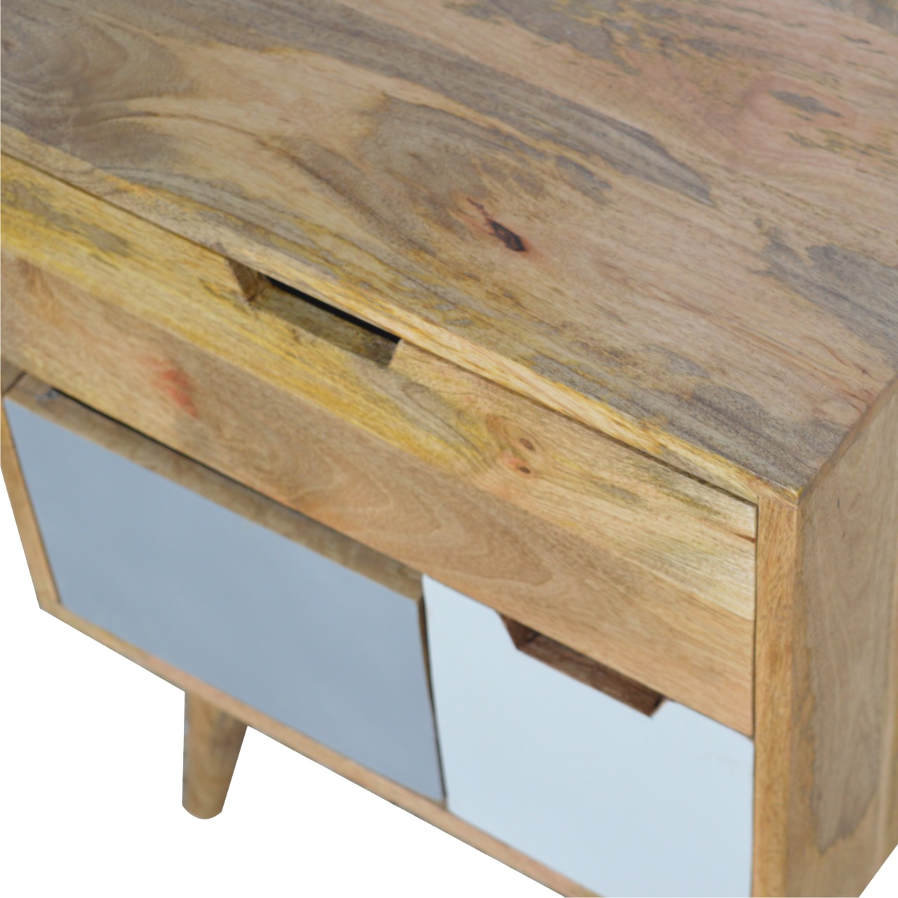 Solid Mango Wood Oak Finished & Hand Painted 3 Drawer Grey and White Bedside - Image 5