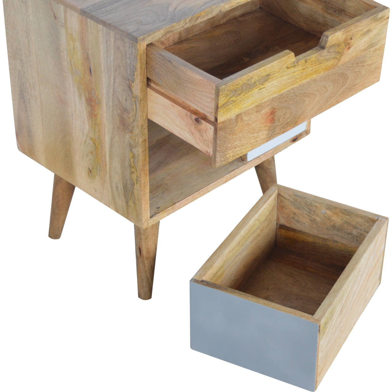 Solid Mango Wood Oak Finished & Hand Painted 3 Drawer Grey and White Bedside - Image 7
