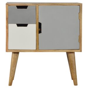 Solid Mango Wood Oak Finished 2 Drawers 1 Door Grey and White Hand Painted Cabinet