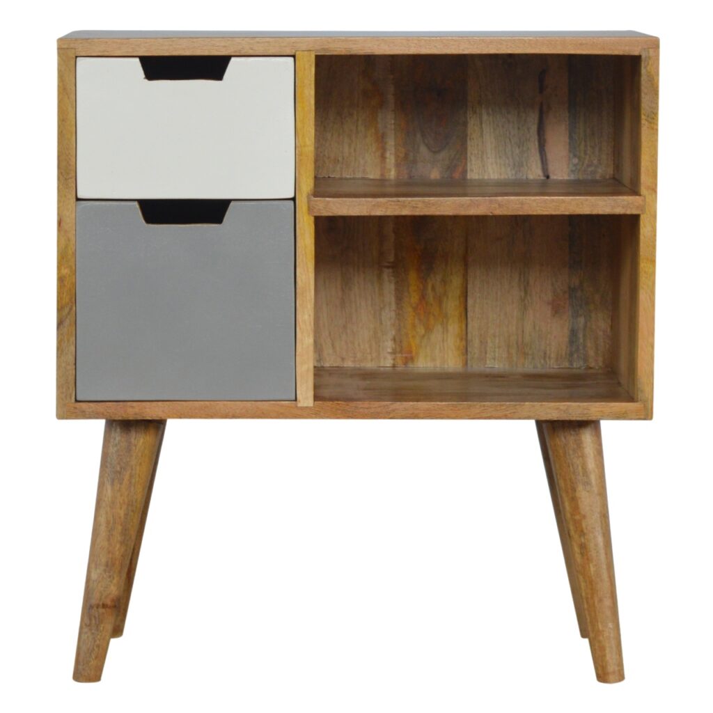 Solid Mango Wood Oak Finished 2 Drawer Hand Painted Grey and White Cabinet