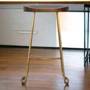 Solid Mango Wood Chestnut Finished Iron Based Gold Coloured Bar Stool