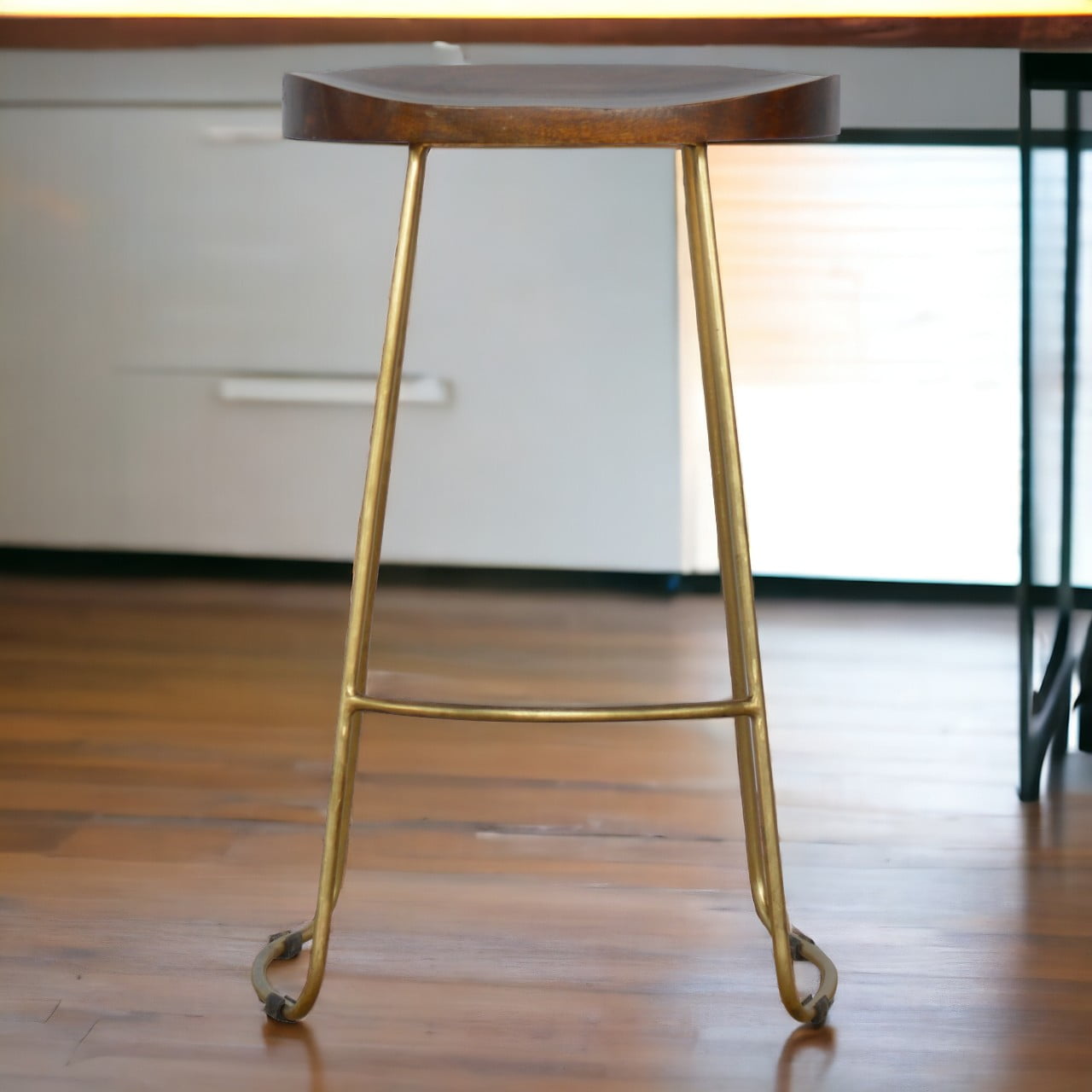 Solid Mango Wood Chestnut Finished Iron Based Gold Coloured Bar Stool