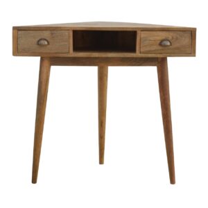 Solid Mango Wood Oak Finished 2 Drawers 1 Slot Corner Writing Desk