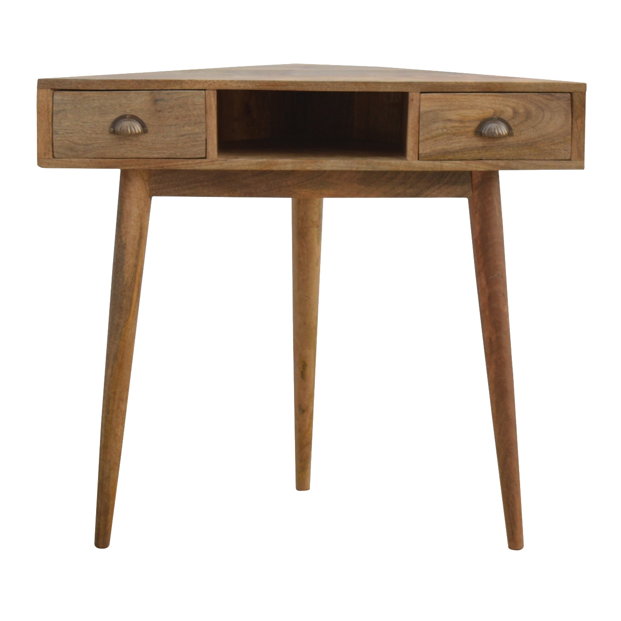 Solid Mango Wood Oak Finished 2 Drawers 1 Slot Corner Writing Desk