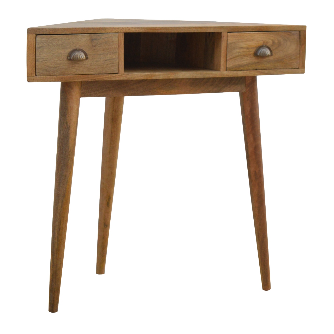 Solid Mango Wood Oak Finished 2 Drawers 1 Slot Corner Writing Desk - Image 2