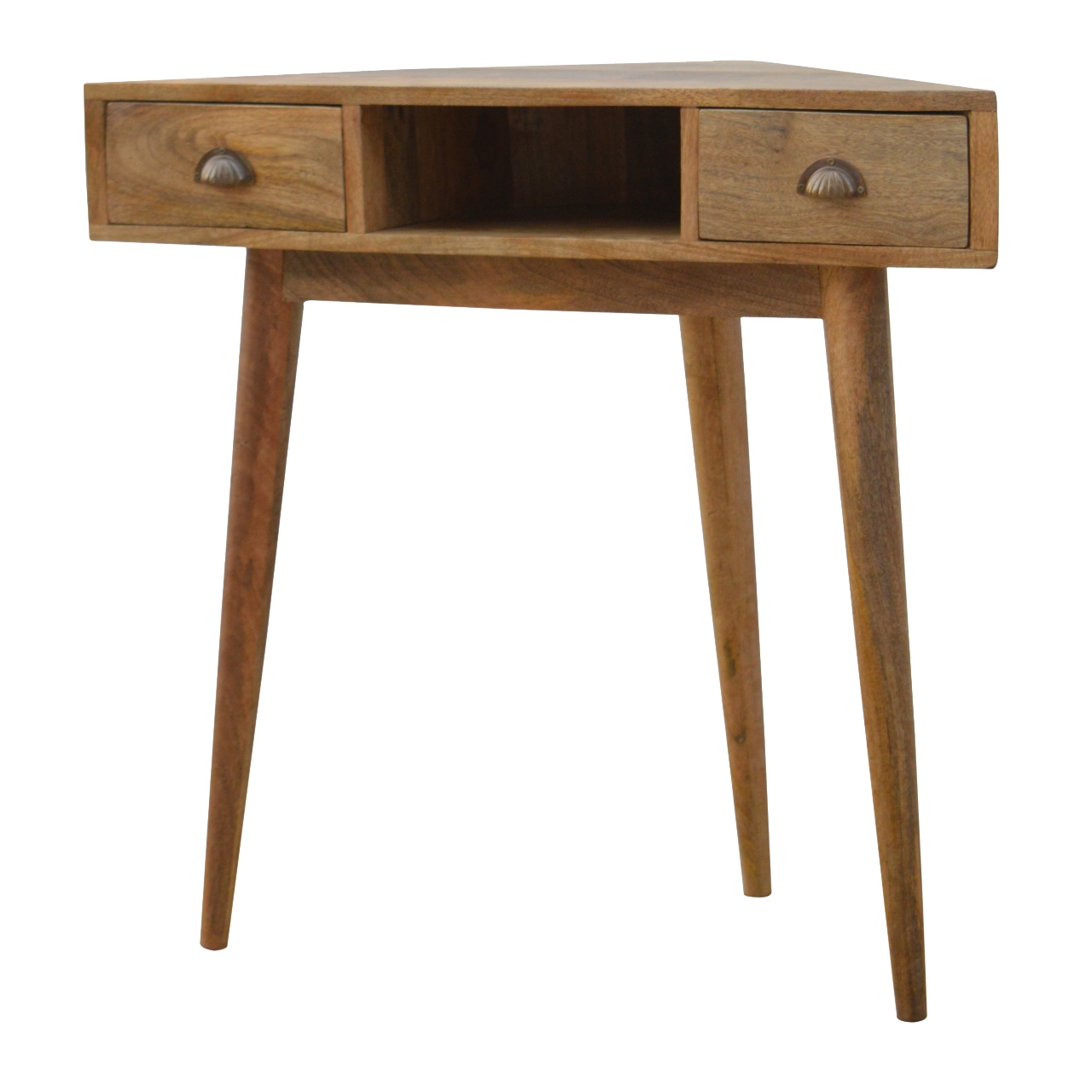 Solid Mango Wood Oak Finished 2 Drawers 1 Slot Corner Writing Desk - Image 3