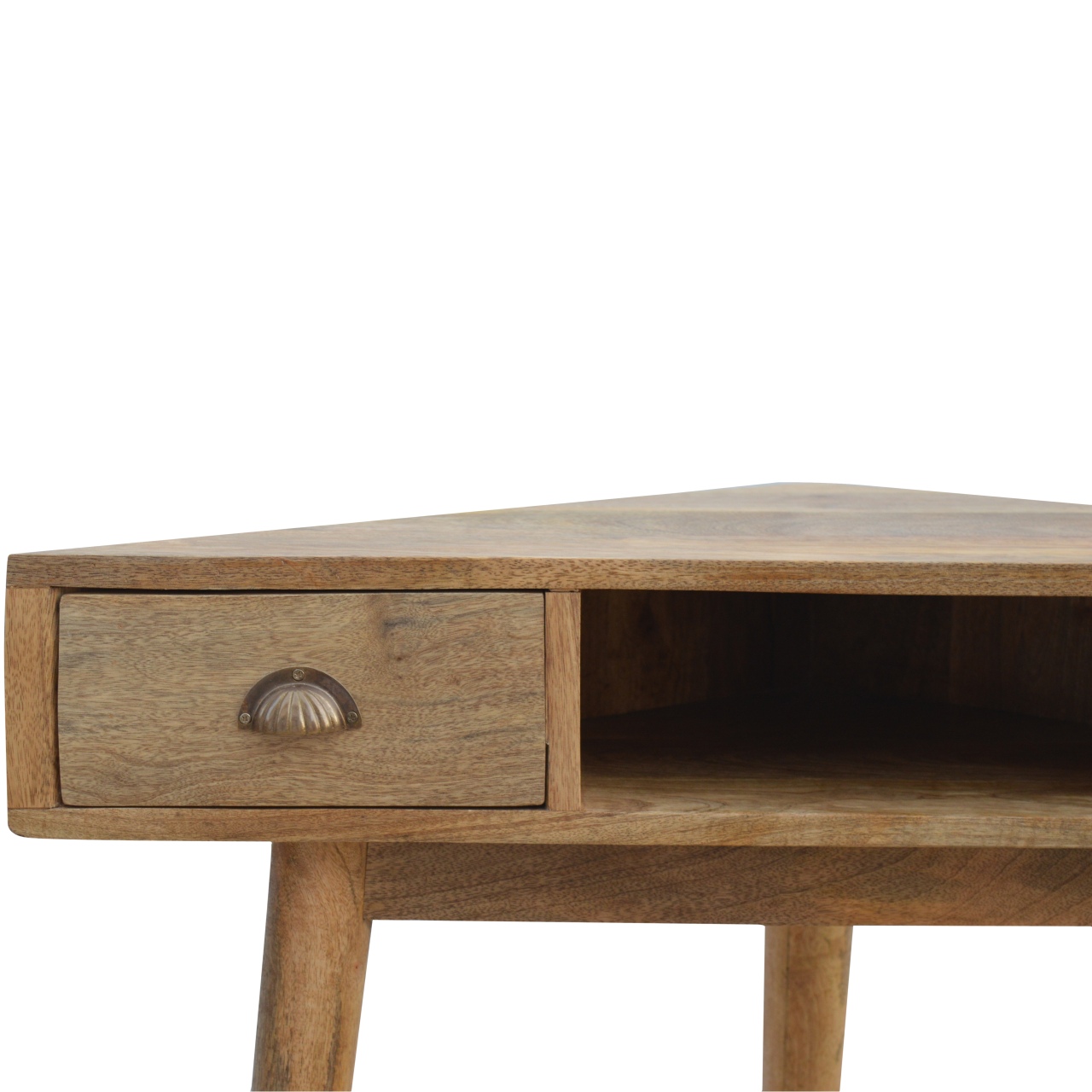 Solid Mango Wood Oak Finished 2 Drawers 1 Slot Corner Writing Desk - Image 5