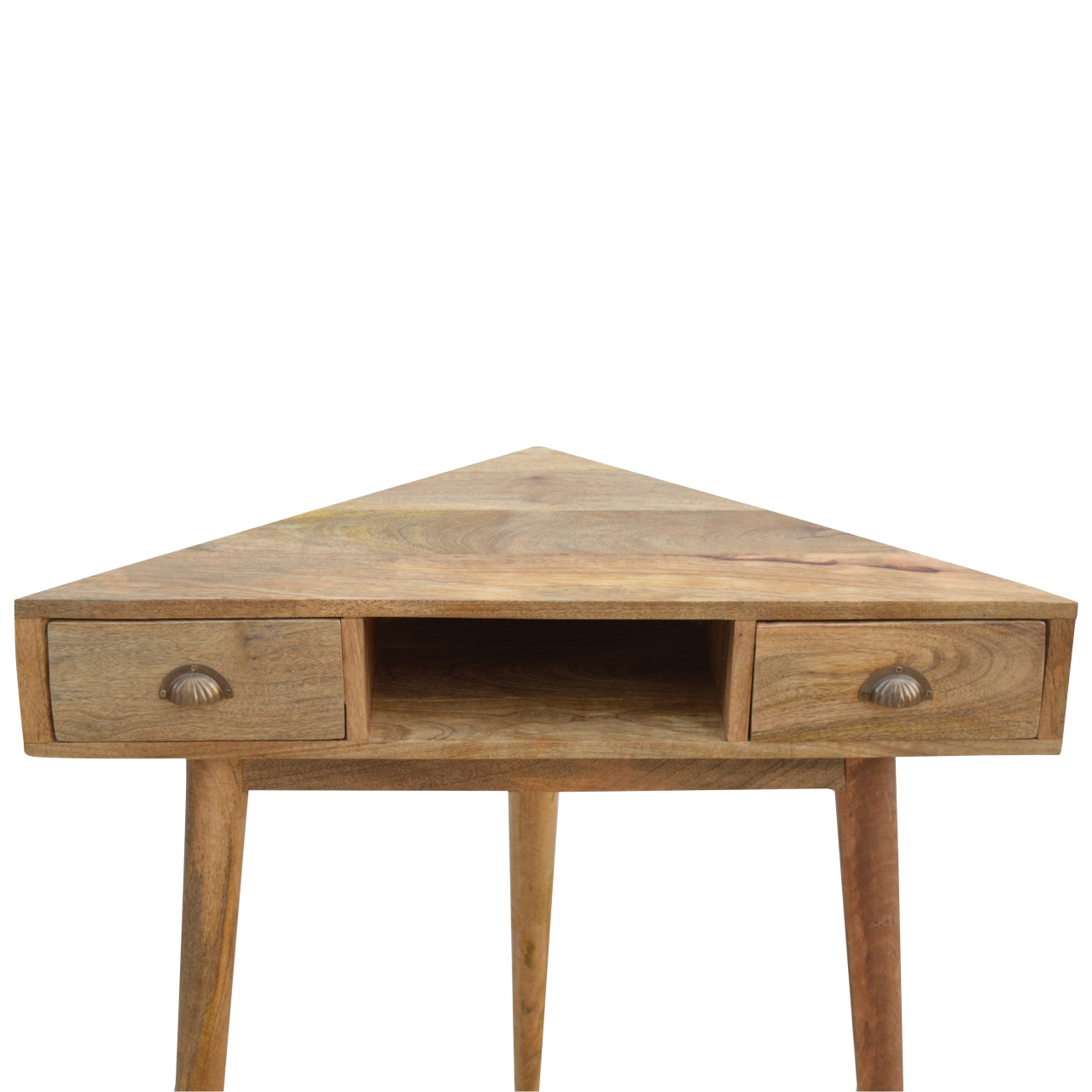 Solid Mango Wood Oak Finished 2 Drawers 1 Slot Corner Writing Desk - Image 6