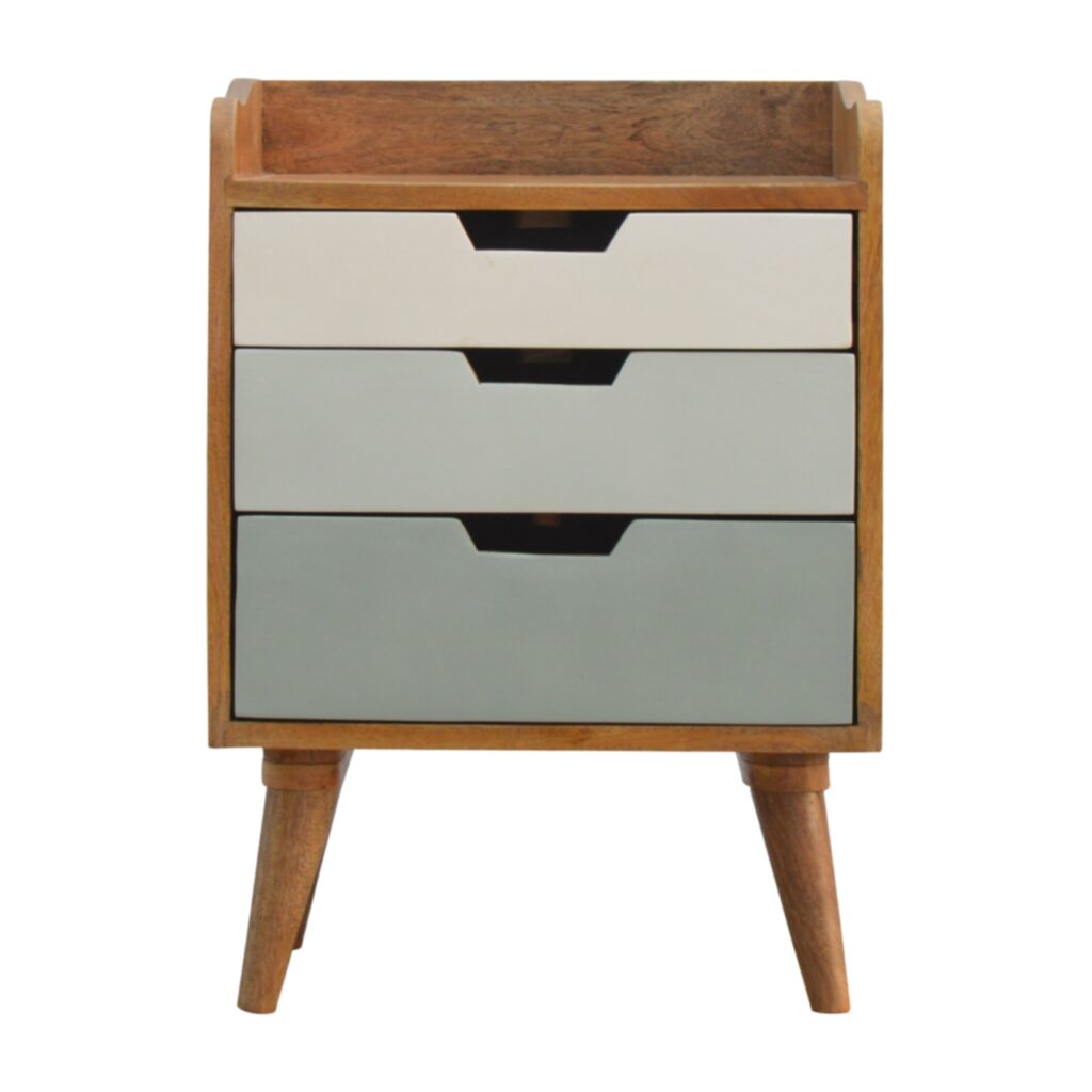 Solid Mango Wood Oak Finish 3 Drawer Hand Painted Green Gradient Bedside