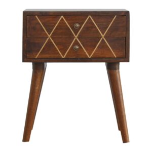 Solid Chestnut Finished Mango Wood Two Drawer Brass Inlay Cabinet1