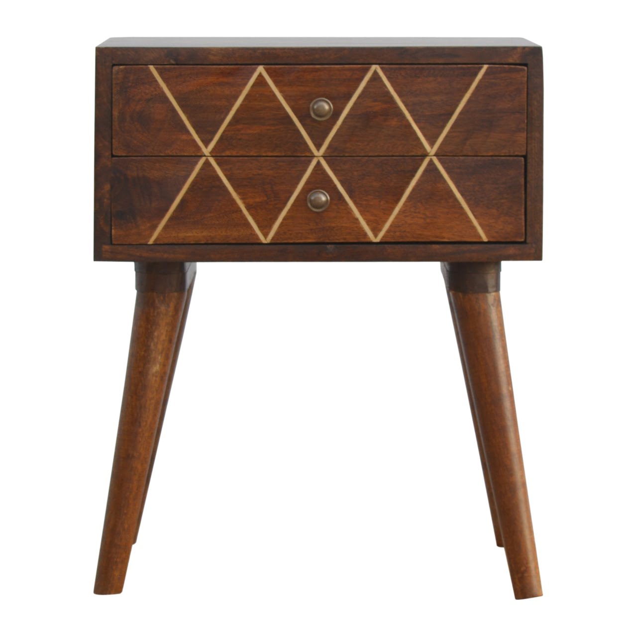 Solid Chestnut Finished Mango Wood Two Drawer Brass Inlay Cabinet1