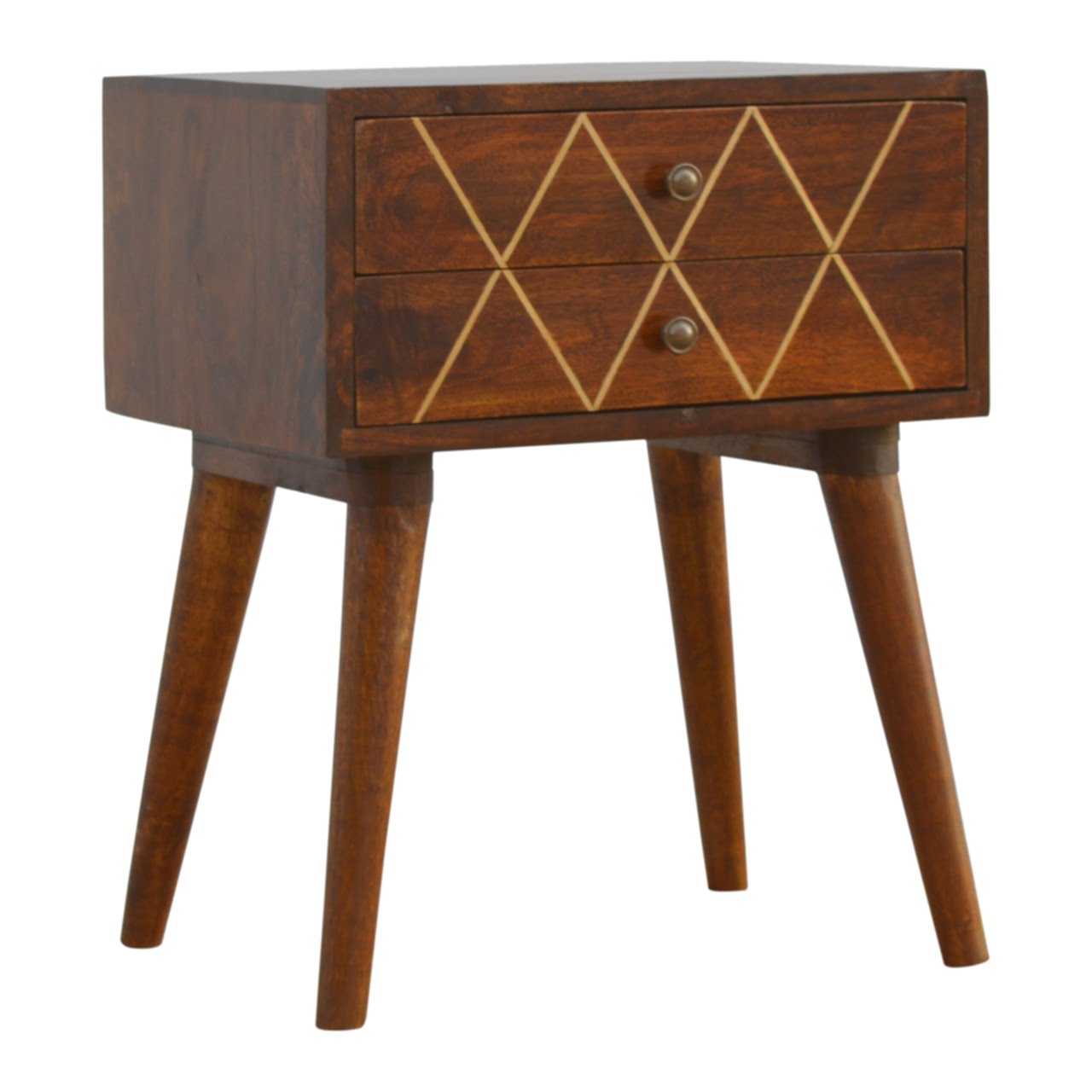 Solid Chestnut Finished Mango Wood Two Drawer Brass Inlay Cabinet1 - Image 2