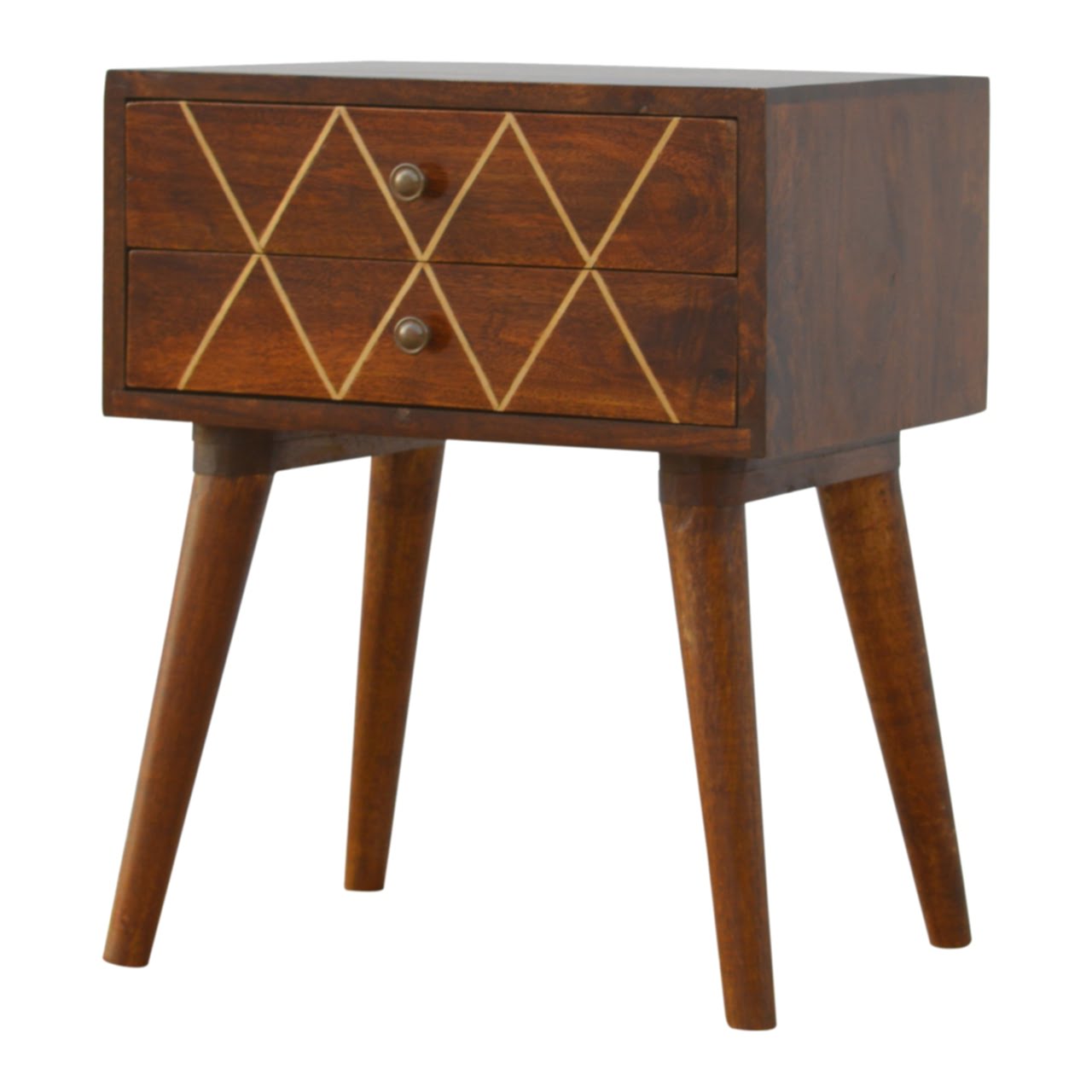 Solid Chestnut Finished Mango Wood Two Drawer Brass Inlay Cabinet1 - Image 3