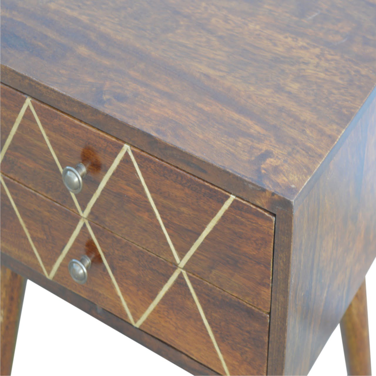 Solid Chestnut Finished Mango Wood Two Drawer Brass Inlay Cabinet1 - Image 4