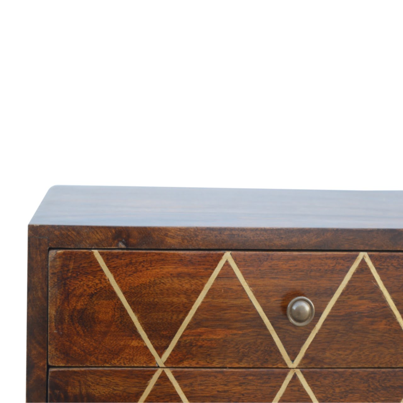 Solid Chestnut Finished Mango Wood Two Drawer Brass Inlay Cabinet1 - Image 5