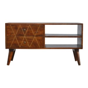 Solid Mango Wood Chestnut Finished 2 Drawer Geometric Brass Inlaid Media Unit