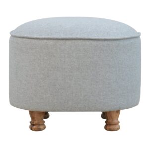 Solid Mango Wood Light Grey Tweed Upholstered Oval Footstool