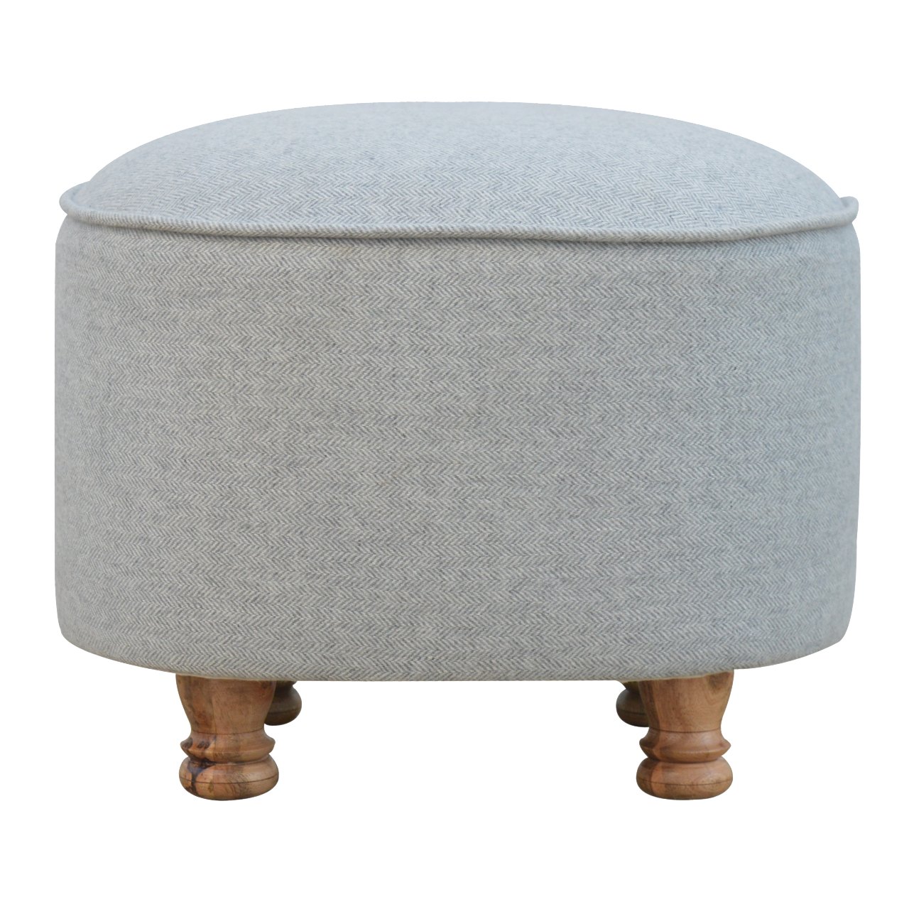 Solid Mango Wood Light Grey Tweed Upholstered Oval Footstool