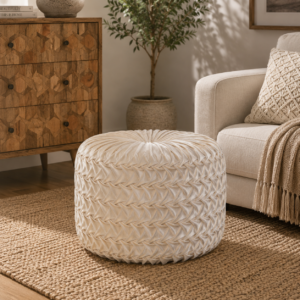 Solid Mango Wood White Pleated Velvet Hart Pouffe