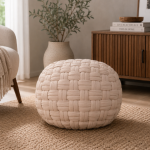 Solid Mango Wood Cream Basket Weave Tube Pouffe