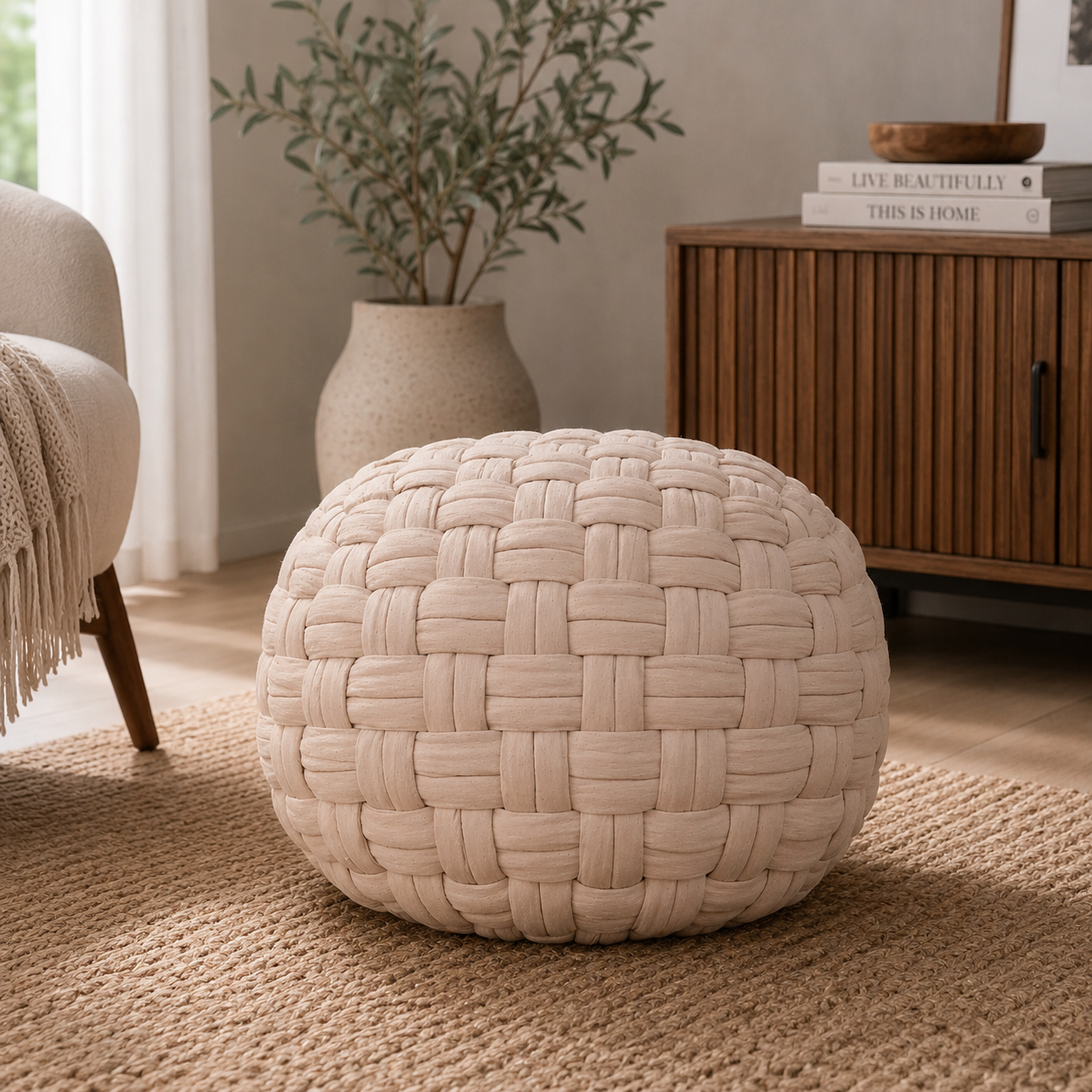 Solid Mango Wood Cream Basket Weave Tube Pouffe