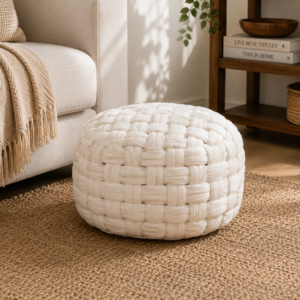 Solid Mango Wood White Cotton Woven Tube Pouffe