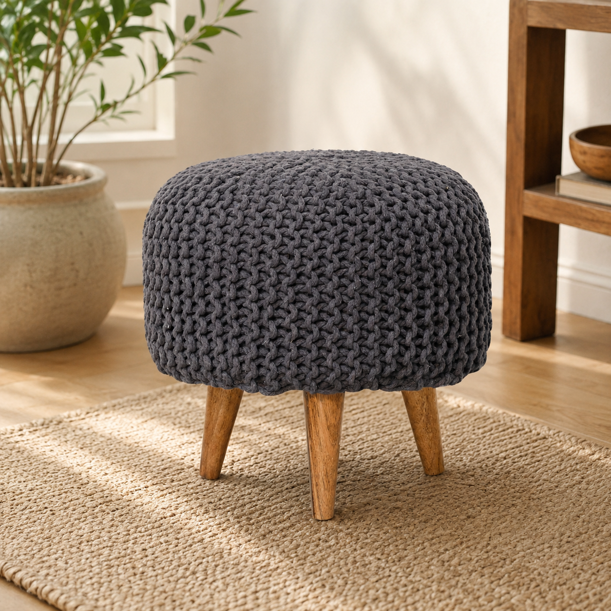 Solid Mango Wood Oak Finished Keeva Grey Woven Round Footstool