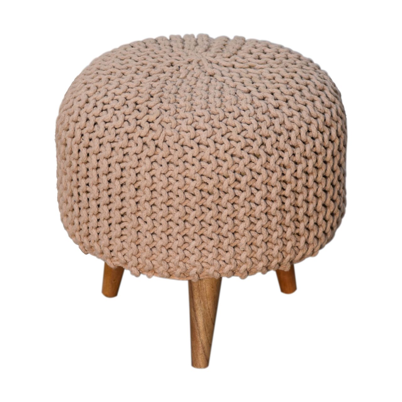Solid Mango Wood Oak Finish Keeva Beige Round Footstool - Image 2