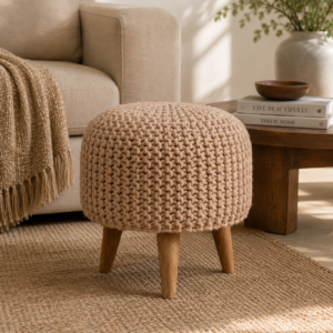 Solid Mango Wood Oak Finish Keeva Beige Round Footstool